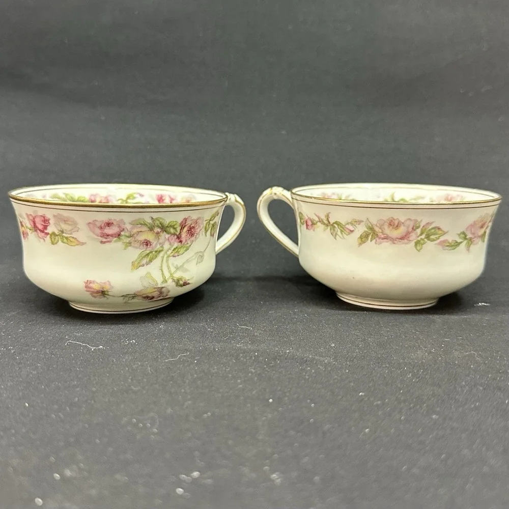 Haviland Limoges 'The Amstel' Bouillon Cups, Gold Pink Roses, Antique, Set of‎ 2